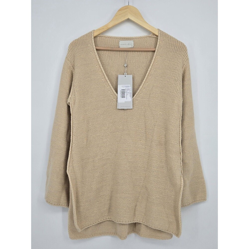 NWT $975 Arje Patmos Luxury Italian Cotton/Wool/Silk V-Neck LS Knit Top Womens M